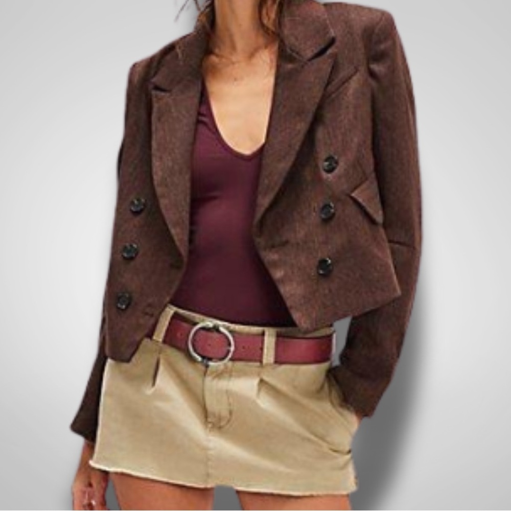 Brown Free People Cropped Blazer with Double Breasted Button